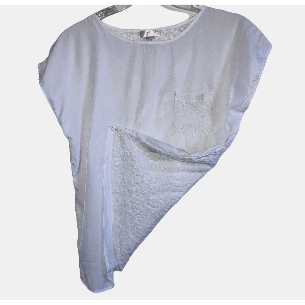 KENAR L Solid White Lace Back Pocket Dolman Cap Short Sleeve Shell Top Blouse